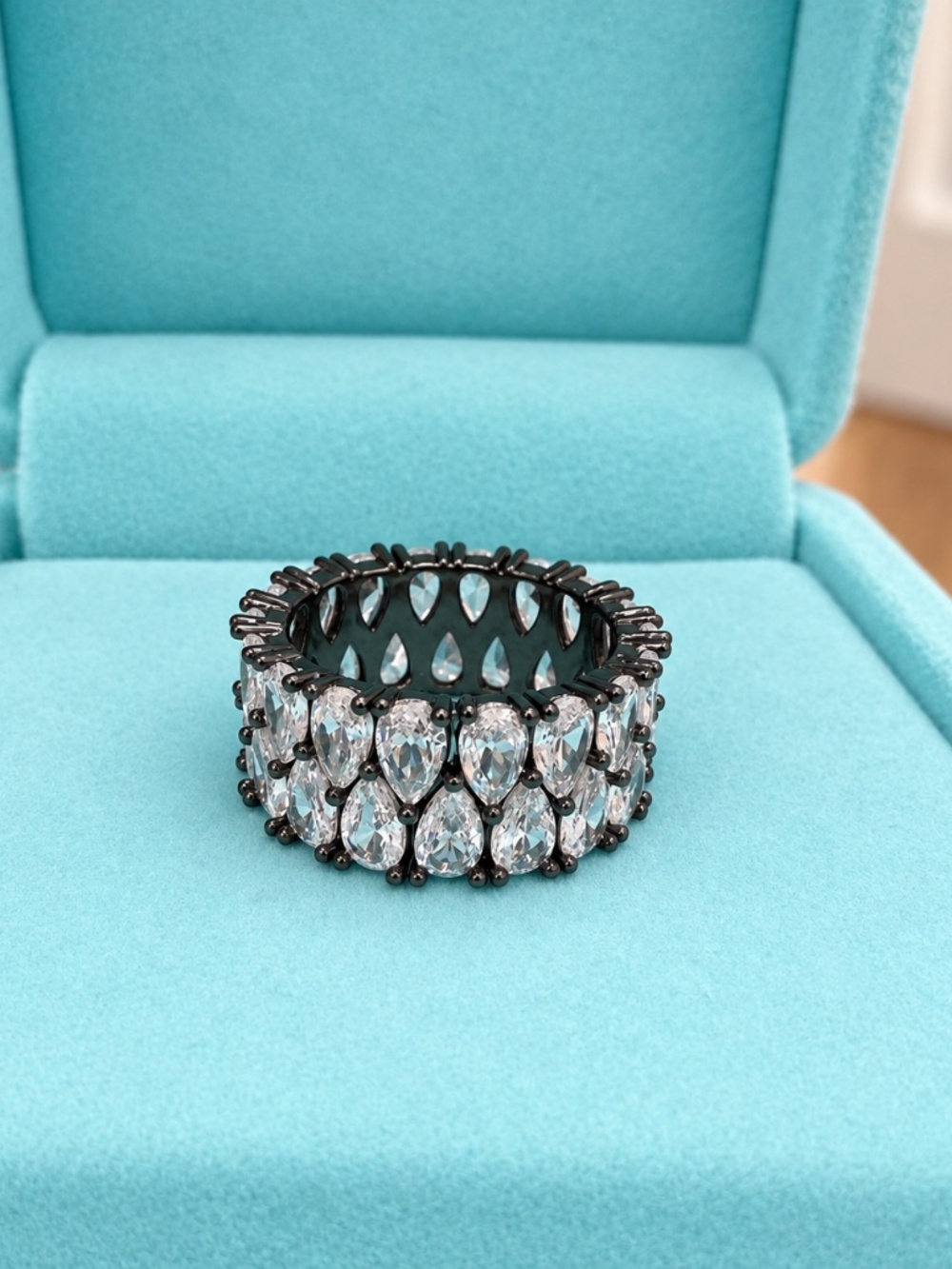 Silver Rhodium and Pear-Shaped Stone Ring, Size 6, Wide Double Row Band